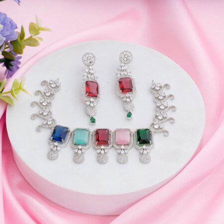 Multi Color Kiara Inspired Rectangle Crystal Stone-Studded Bling Choker Necklace with Earrings