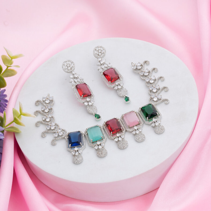 Multi Color Kiara Inspired Rectangle Crystal Stone-Studded Bling Choker Necklace with Earrings - Image 3