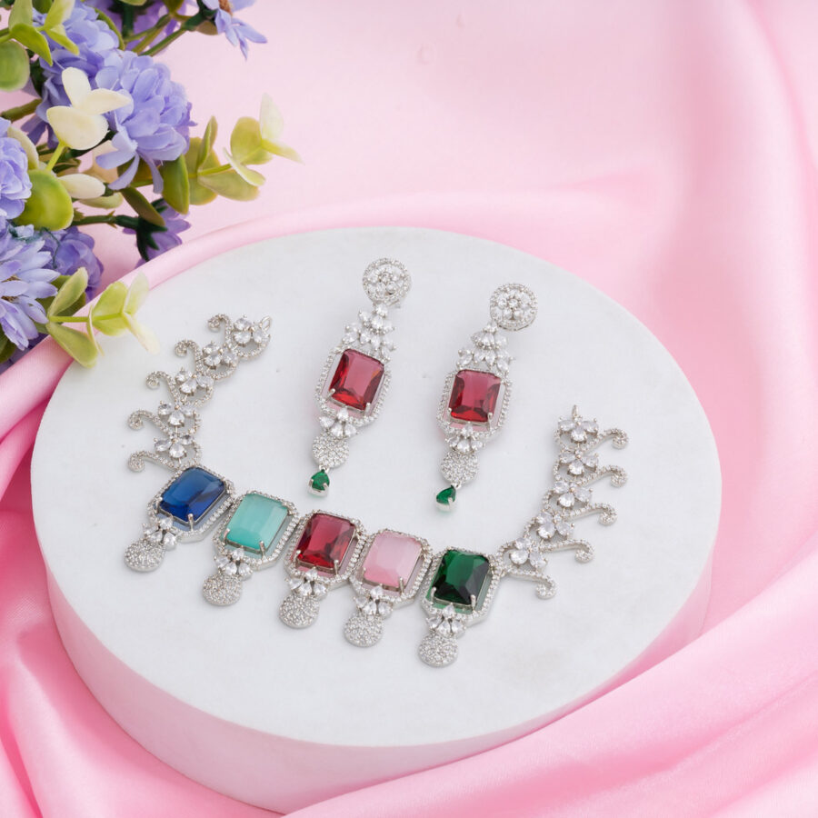 Multi Color Kiara Inspired Rectangle Crystal Stone-Studded Bling Choker Necklace with Earrings - Image 2