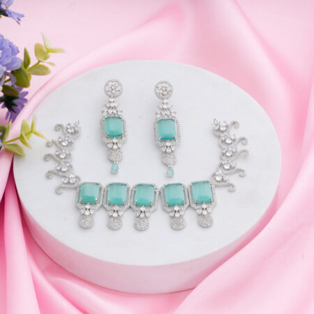 Pastel Green Kiara Inspired Rectangle Crystal Stone-Studded Bling Choker Necklace with Earrings