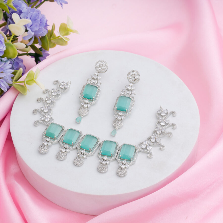 Pastel Green Kiara Inspired Rectangle Crystal Stone-Studded Bling Choker Necklace with Earrings - Image 2