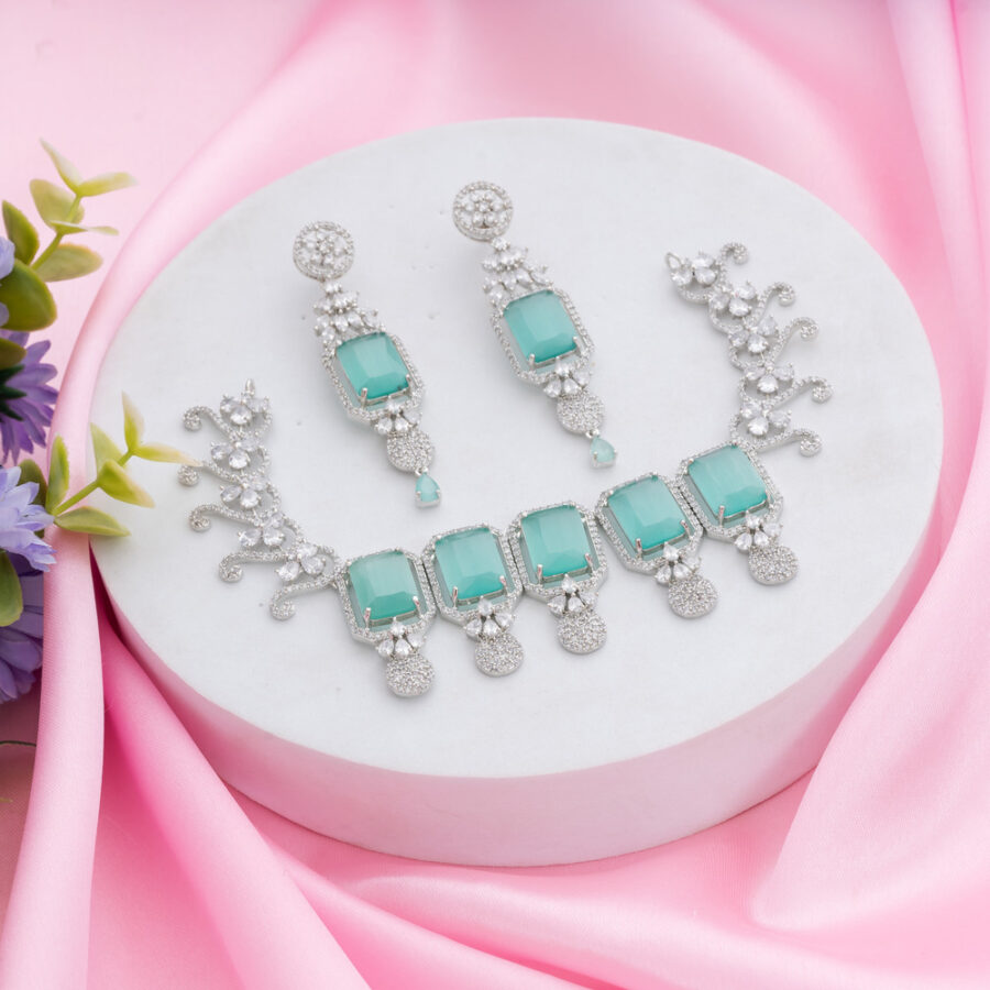 Pastel Green Kiara Inspired Rectangle Crystal Stone-Studded Bling Choker Necklace with Earrings - Image 3