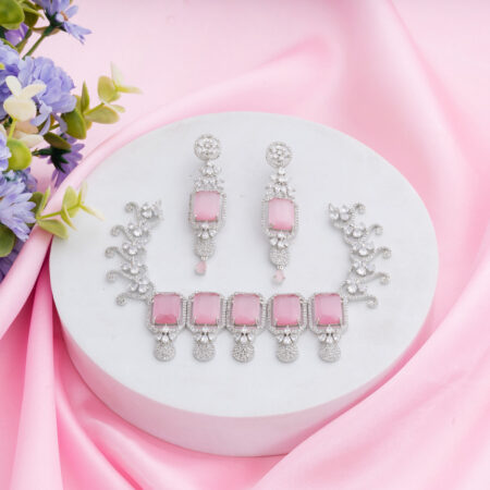 Pastel Pink Kiara Inspired Rectangle Crystal Stone-Studded Bling Choker Necklace with Earrings