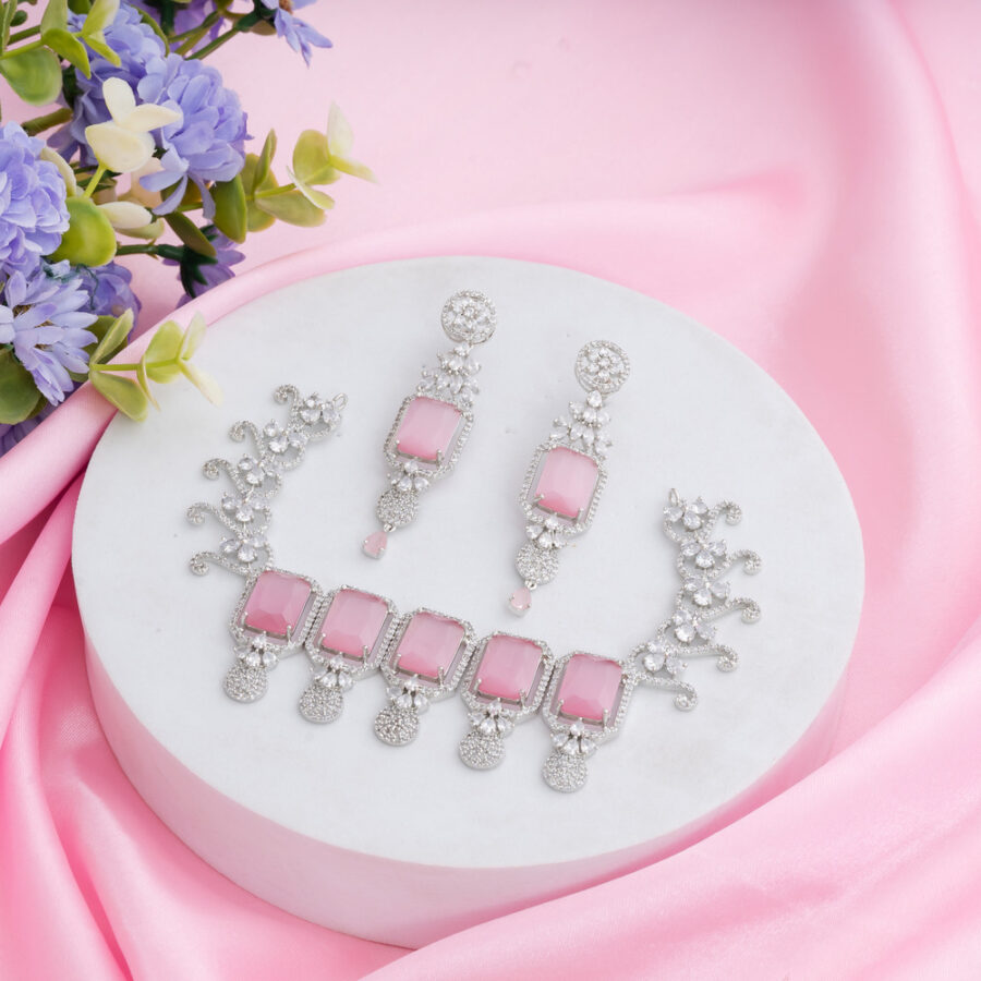 Pastel Pink Kiara Inspired Rectangle Crystal Stone-Studded Bling Choker Necklace with Earrings - Image 2