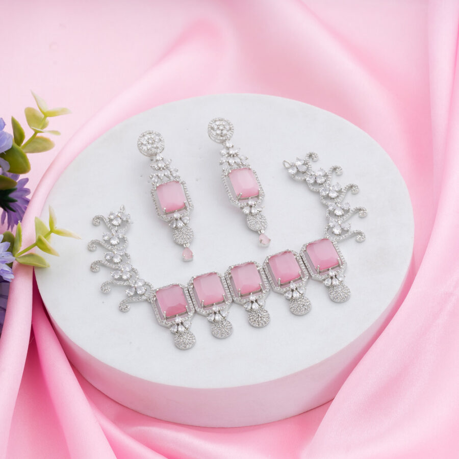 Pastel Pink Kiara Inspired Rectangle Crystal Stone-Studded Bling Choker Necklace with Earrings - Image 3