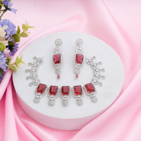 Ruby Red Kiara Inspired Rectangle Crystal Stone-Studded Bling Choker Necklace with Earrings