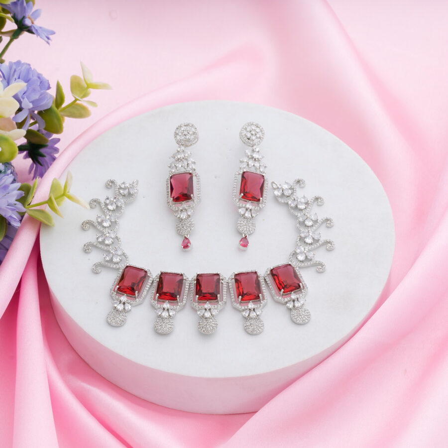 Ruby Red Kiara Inspired Rectangle Crystal Stone-Studded Bling Choker Necklace with Earrings
