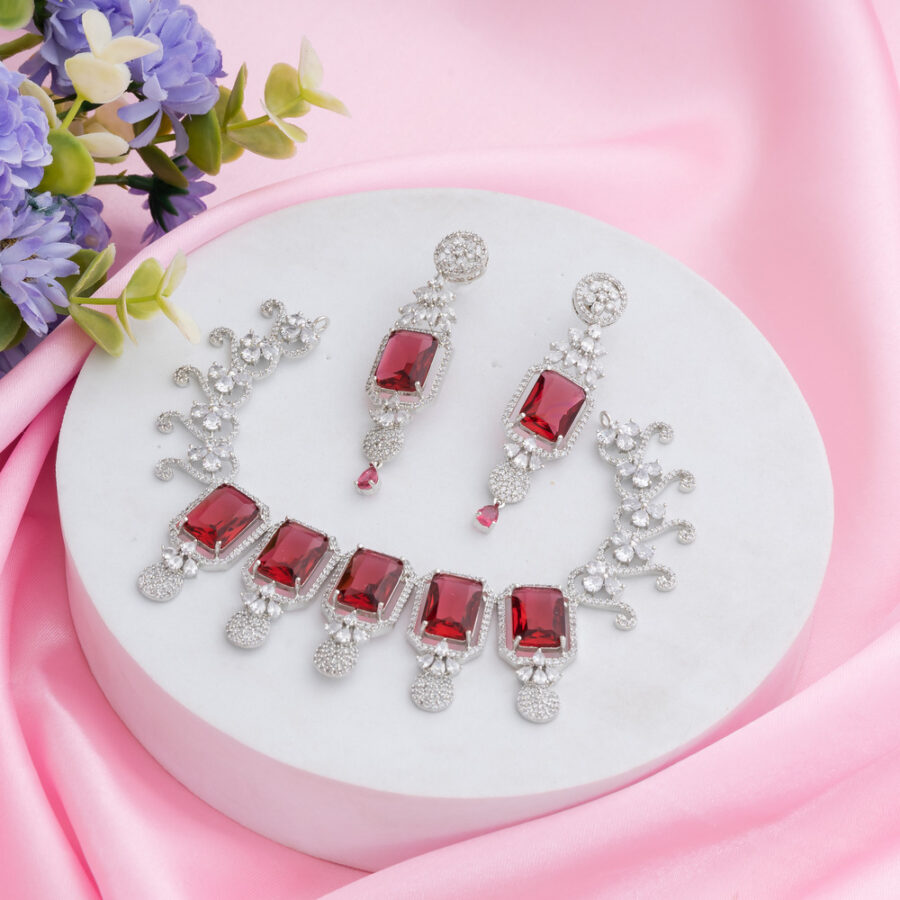 Ruby Red Kiara Inspired Rectangle Crystal Stone-Studded Bling Choker Necklace with Earrings - Image 3