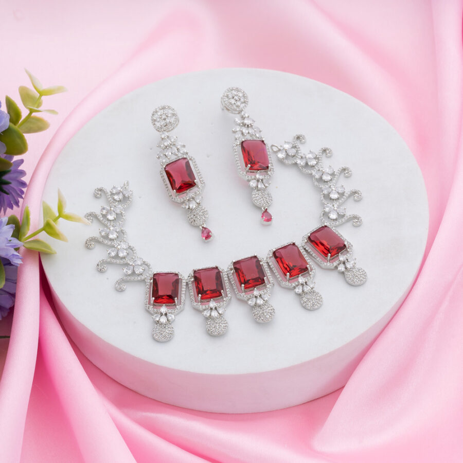 Ruby Red Kiara Inspired Rectangle Crystal Stone-Studded Bling Choker Necklace with Earrings - Image 2