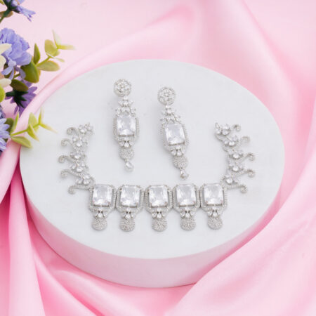 White Kiara Inspired Rectangle Crystal Stone-Studded Bling Choker Necklace with Earrings