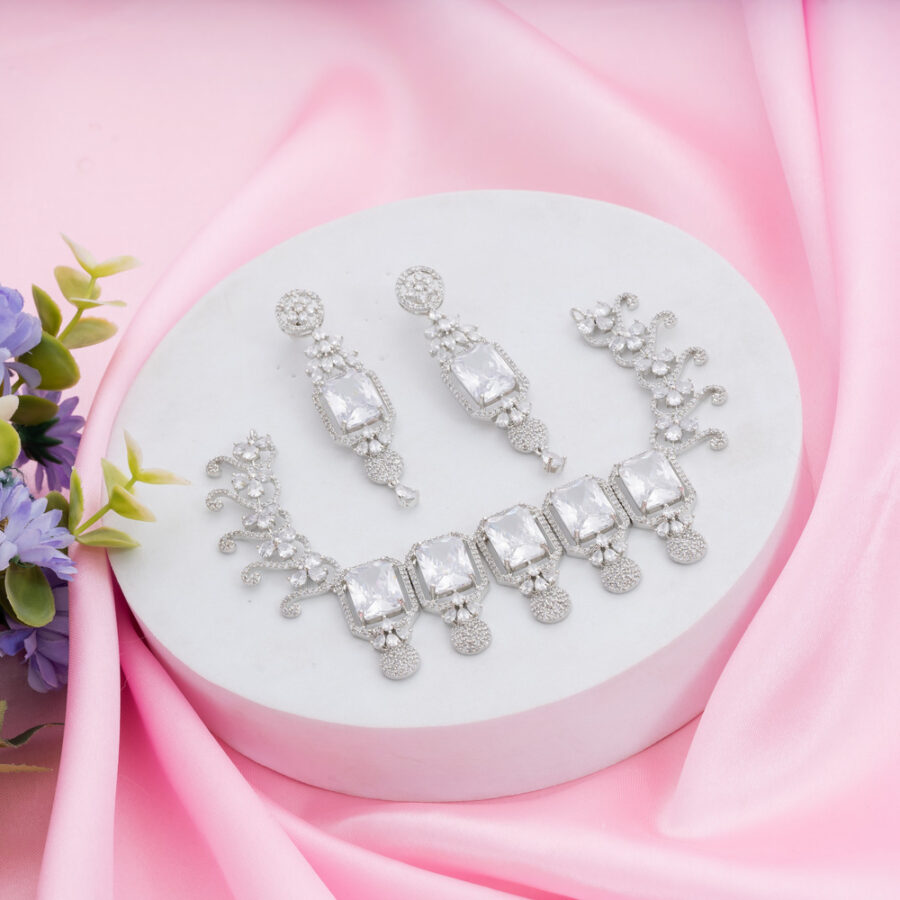 White Kiara Inspired Rectangle Crystal Stone-Studded Bling Choker Necklace with Earrings - Image 3