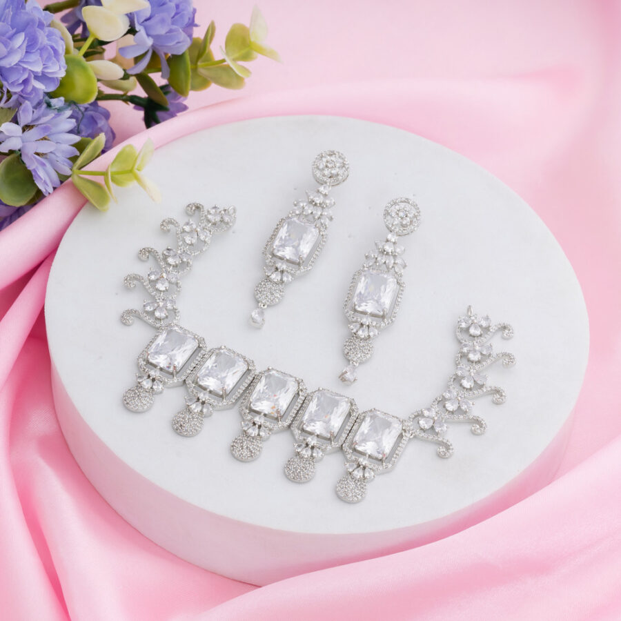 White Kiara Inspired Rectangle Crystal Stone-Studded Bling Choker Necklace with Earrings - Image 2