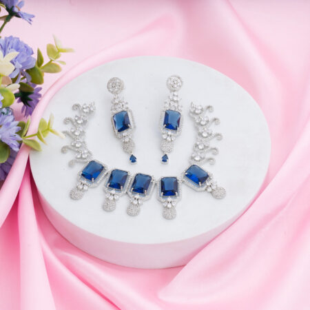 Sapphire Blue Kiara Inspired Rectangle Crystal Stone-Studded Bling Choker Necklace with Earrings