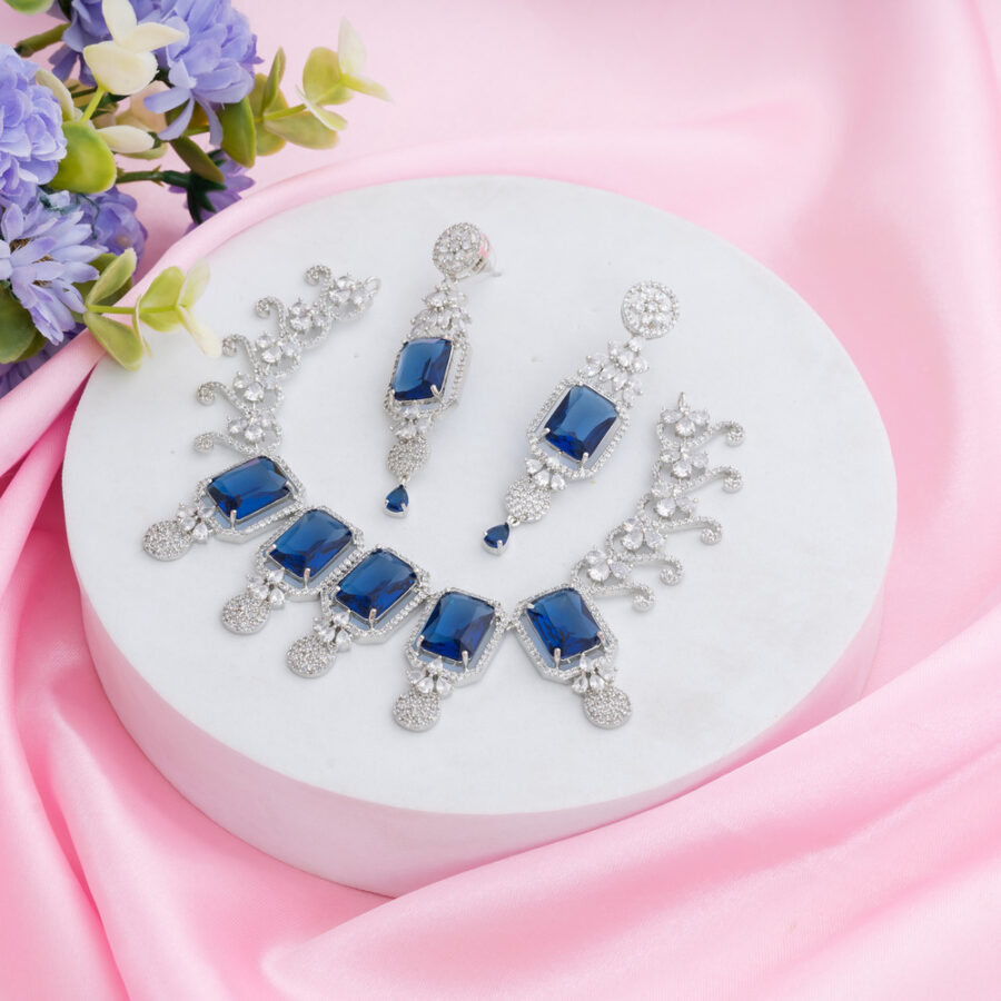 Sapphire Blue Kiara Inspired Rectangle Crystal Stone-Studded Bling Choker Necklace with Earrings - Image 2