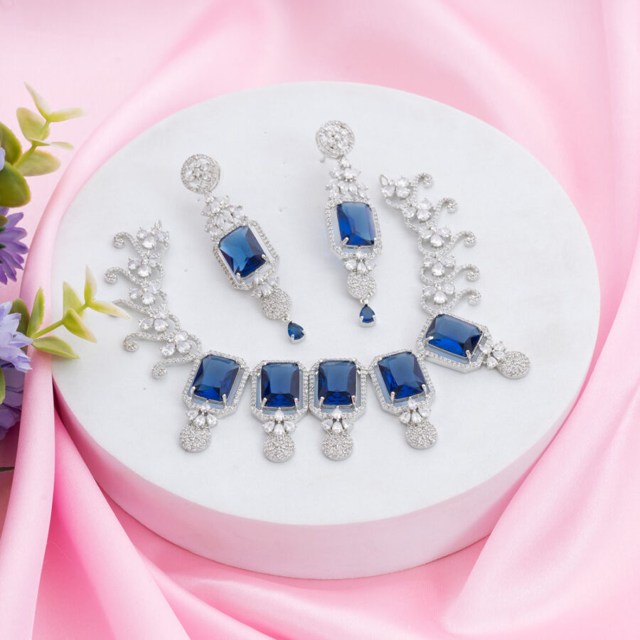 Sapphire Blue Kiara Inspired Rectangle Crystal Stone-Studded Bling Choker Necklace with Earrings - Image 3