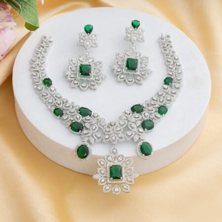 Emerald Green CZ American Diamond Neckpiece with Earrings (Celebrity Collection)