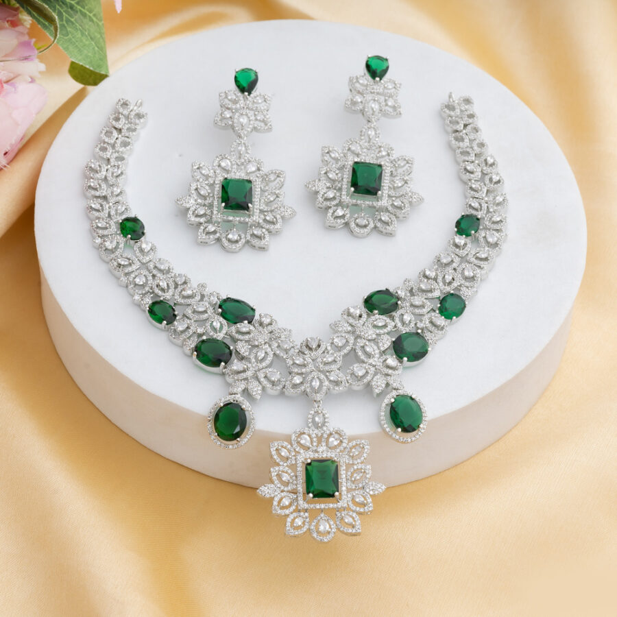 Emerald Green CZ American Diamond Neckpiece with Earrings (Celebrity Collection)