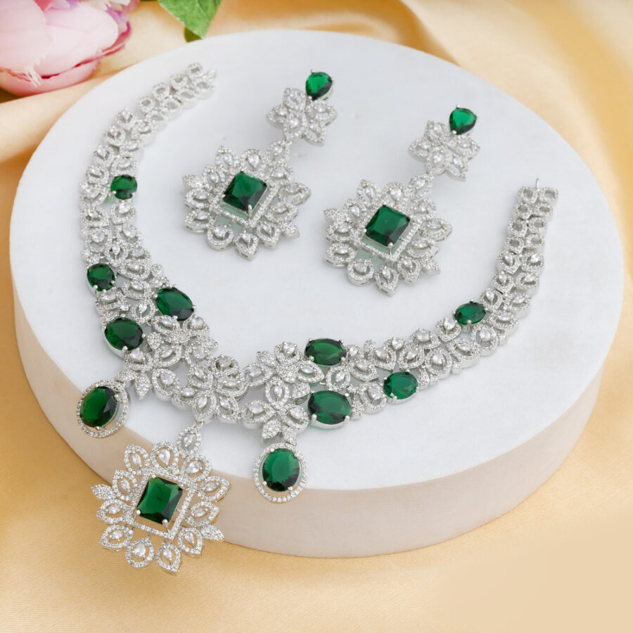 Emerald Green CZ American Diamond Neckpiece with Earrings (Celebrity Collection) - Image 2