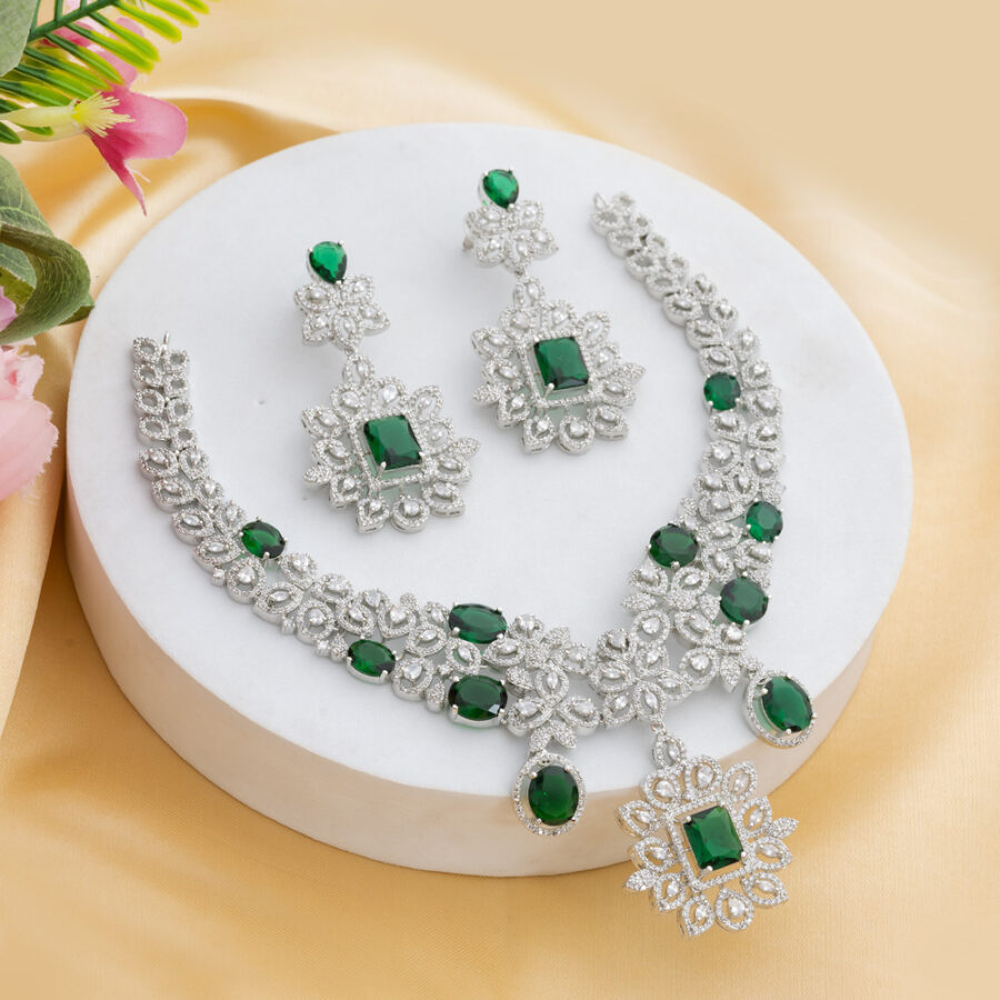 Emerald Green CZ American Diamond Neckpiece with Earrings (Celebrity Collection) - Image 3