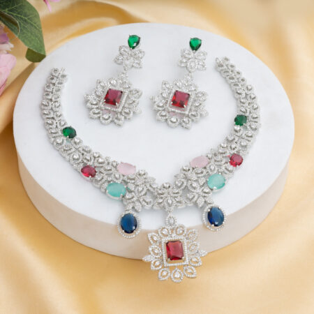 Multi Colored CZ American Diamond Neckpiece with Earrings (Celebrity Collection)
