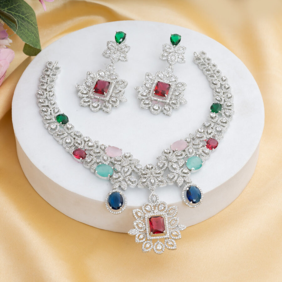 Multi Colored CZ American Diamond Neckpiece with Earrings (Celebrity Collection)