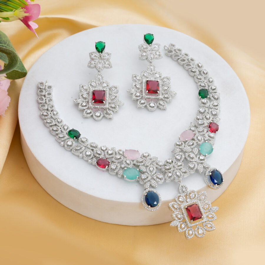 Multi Colored CZ American Diamond Neckpiece with Earrings (Celebrity Collection) - Image 3