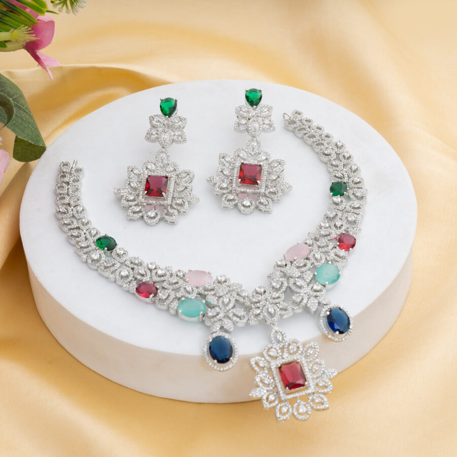 Multi Colored CZ American Diamond Neckpiece with Earrings (Celebrity Collection) - Image 2
