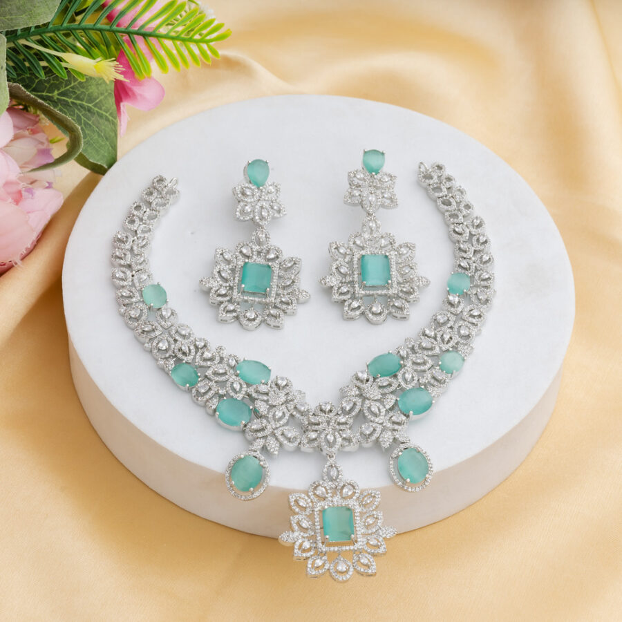 Pastel Green CZ American Diamond Neckpiece with Earrings (Celebrity Collection)