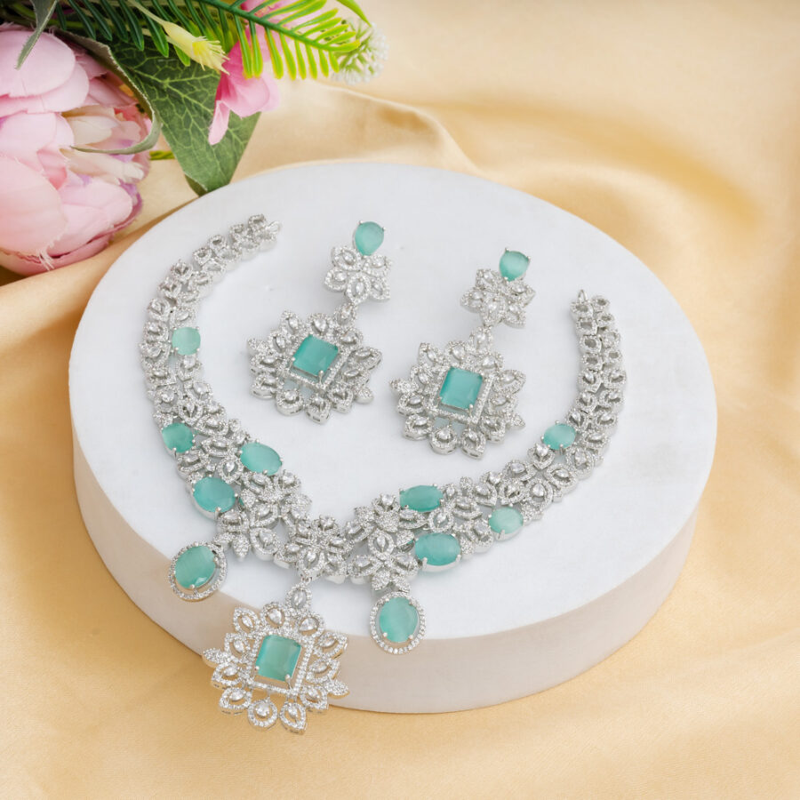 Pastel Green CZ American Diamond Neckpiece with Earrings (Celebrity Collection) - Image 2