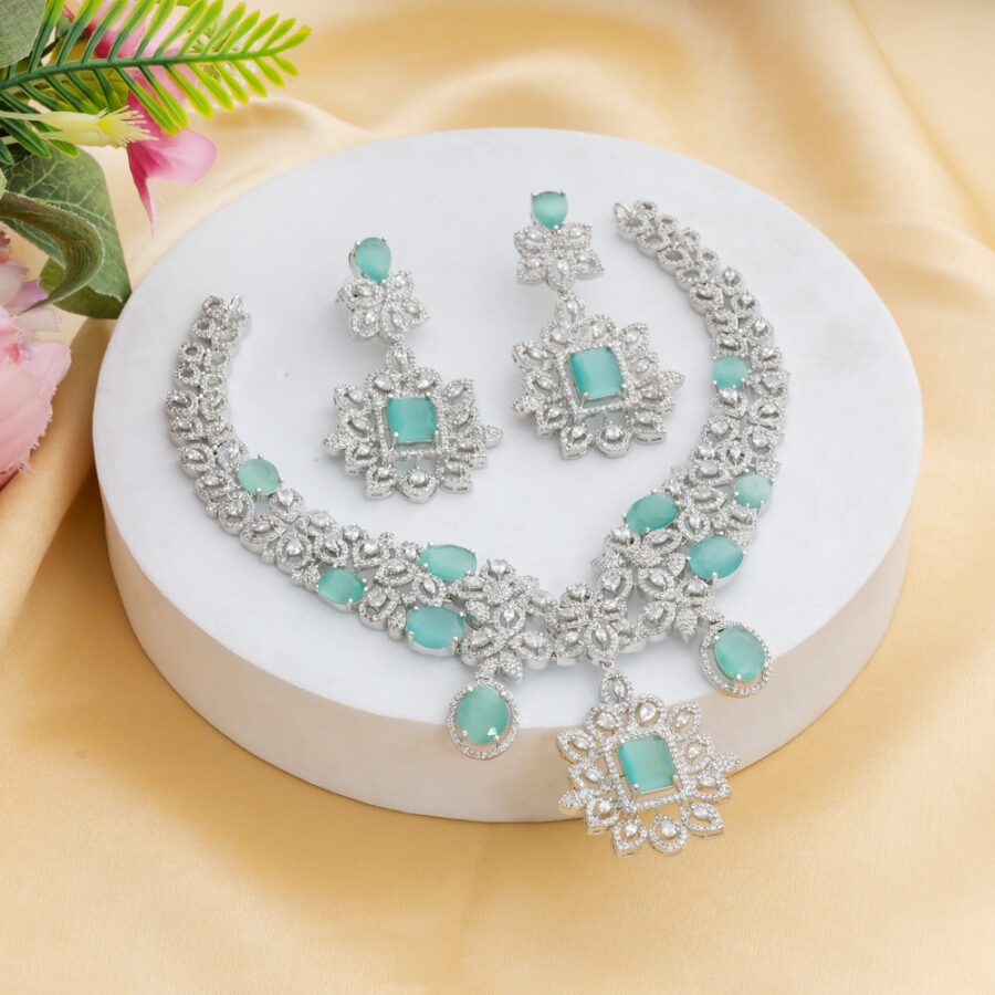 Pastel Green CZ American Diamond Neckpiece with Earrings (Celebrity Collection) - Image 3