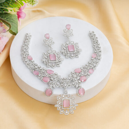 Pastel Pink CZ American Diamond Neckpiece with Earrings (Celebrity Collection)