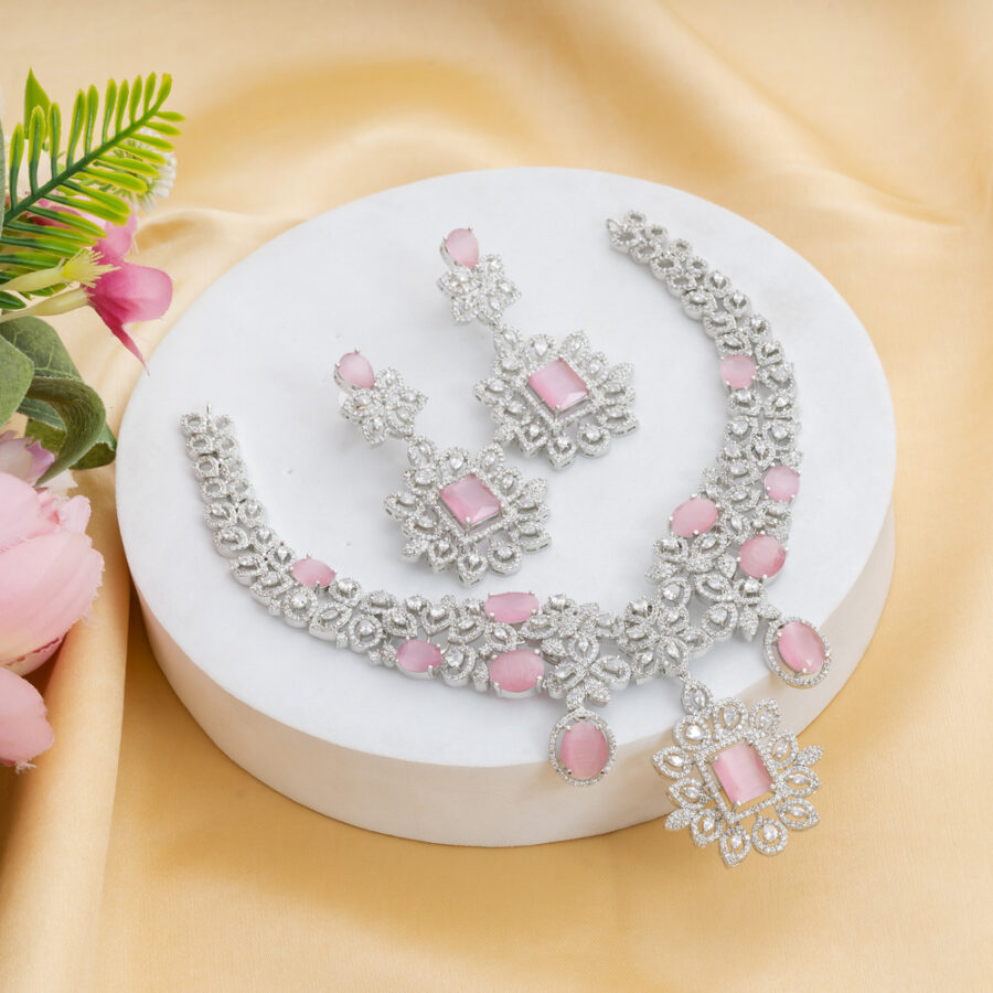 Pastel Pink CZ American Diamond Neckpiece with Earrings (Celebrity Collection) - Image 2