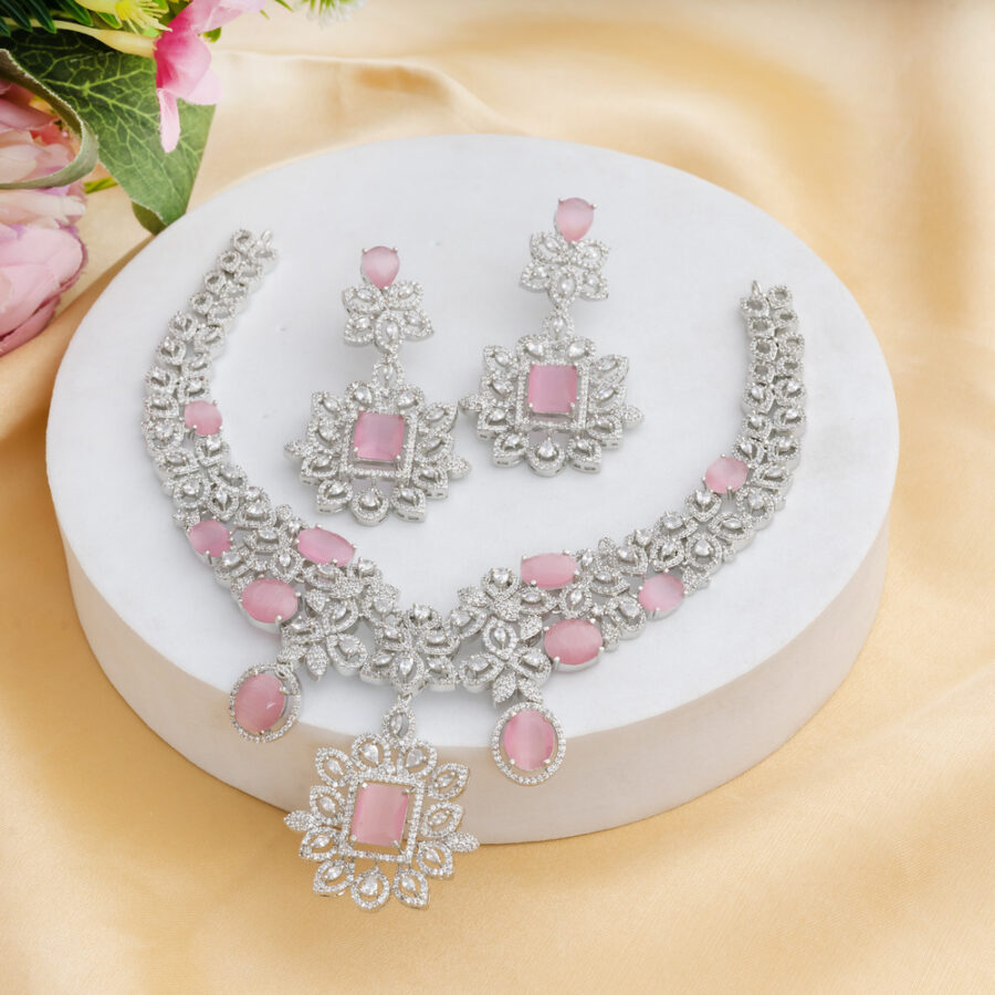 Pastel Pink CZ American Diamond Neckpiece with Earrings (Celebrity Collection) - Image 3