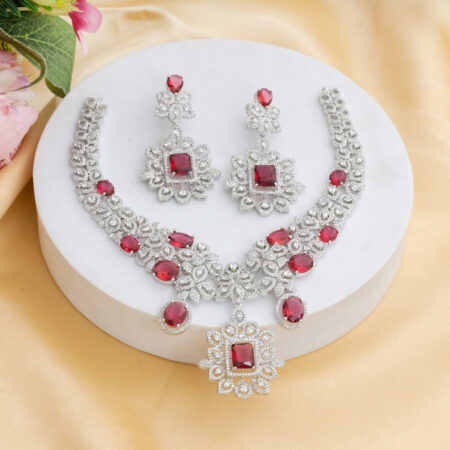 Ruby Red CZ American Diamond Neckpiece with Earrings (Celebrity Collection)