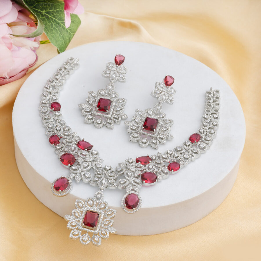 Ruby Red CZ American Diamond Neckpiece with Earrings (Celebrity Collection) - Image 2