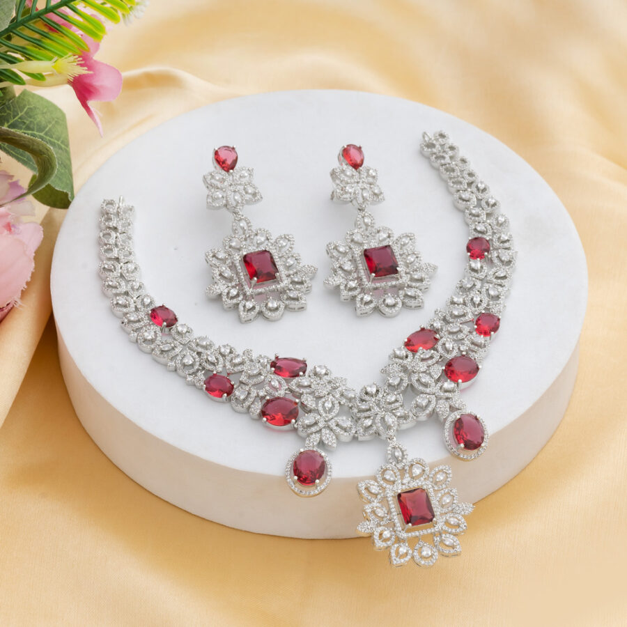 Ruby Red CZ American Diamond Neckpiece with Earrings (Celebrity Collection) - Image 3