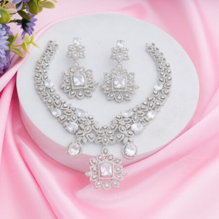 White CZ American Diamond Neckpiece with Earrings (Celebrity Collection)