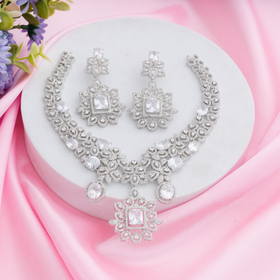 White CZ American Diamond Neckpiece with Earrings (Celebrity Collection)