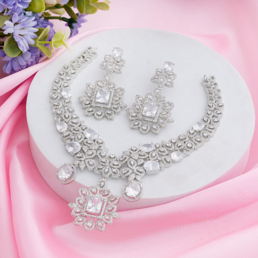 White CZ American Diamond Neckpiece with Earrings (Celebrity Collection) - Image 2