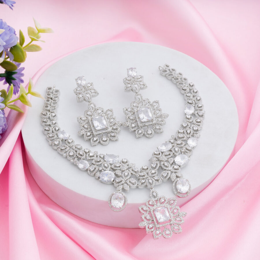 White CZ American Diamond Neckpiece with Earrings (Celebrity Collection) - Image 3