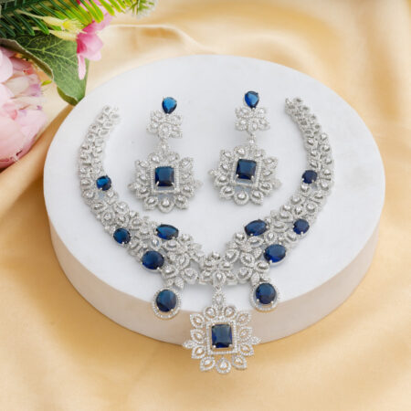 Sapphire Blue CZ American Diamond Neckpiece with Earrings (Celebrity Collection)