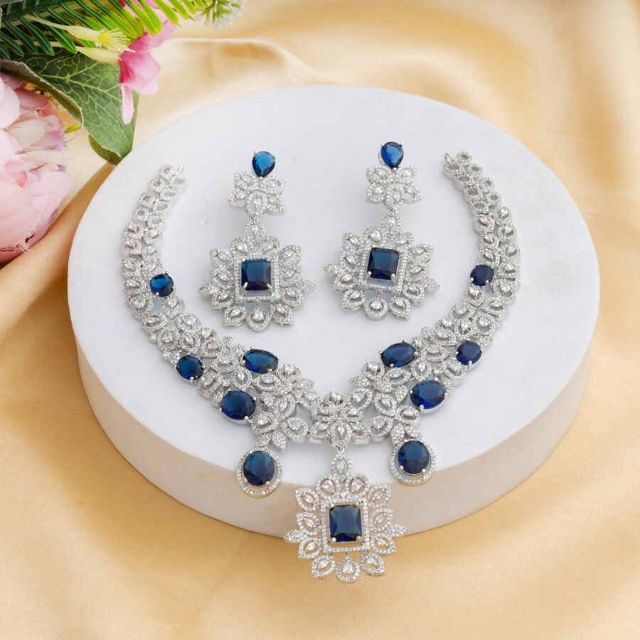 Sapphire Blue CZ American Diamond Neckpiece with Earrings (Celebrity Collection)