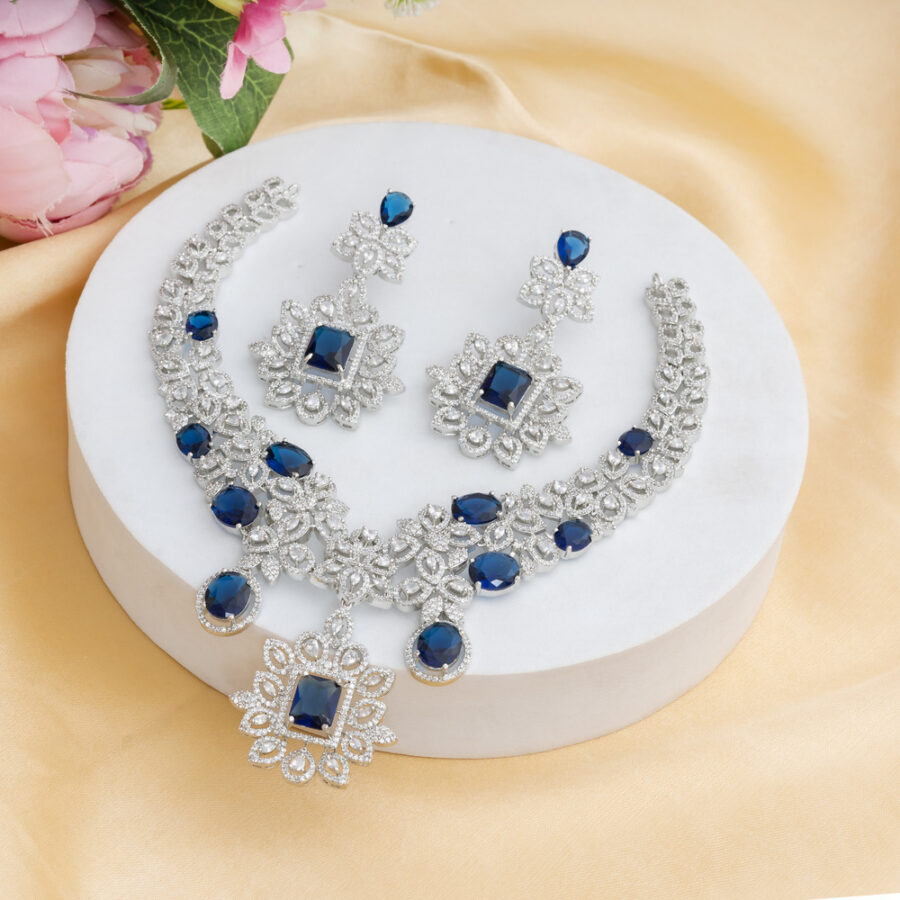 Sapphire Blue CZ American Diamond Neckpiece with Earrings (Celebrity Collection) - Image 2