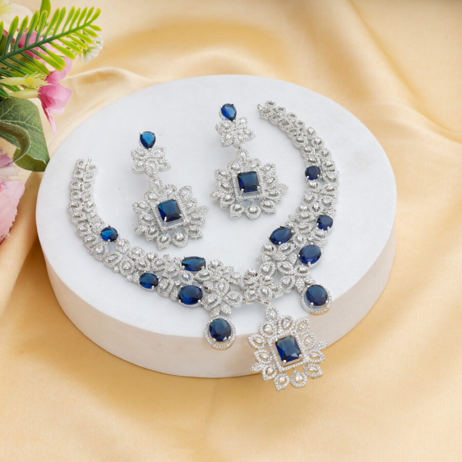 Sapphire Blue CZ American Diamond Neckpiece with Earrings (Celebrity Collection) - Image 3