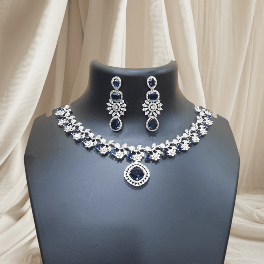 Nita Ambani Inspired Sapphire Blue CZ American Diamond Neckpiece