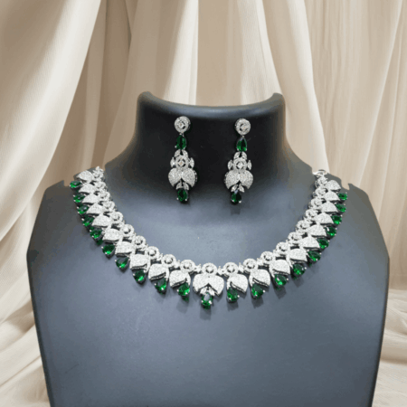 Elegant and Dazzling CZ American Diamond Studded Emerald Green Necklace Set with Earrings