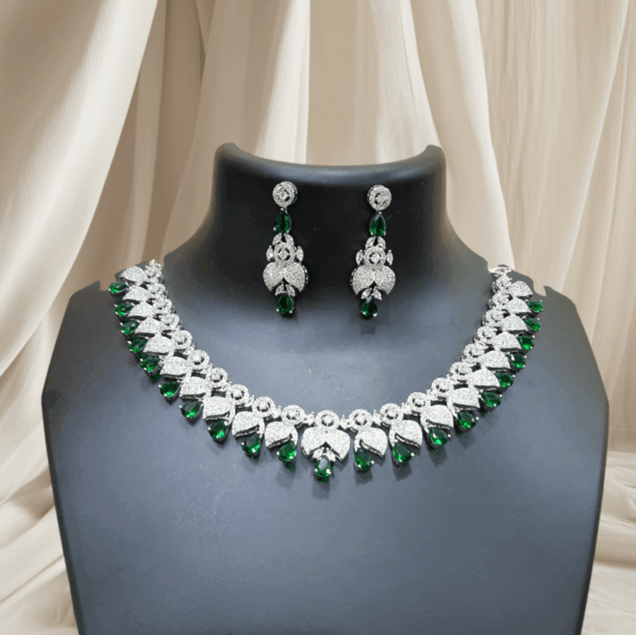Elegant and Dazzling CZ American Diamond Studded Emerald Green Necklace Set with Earrings