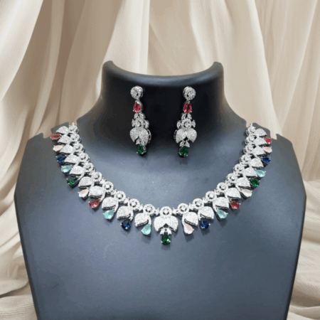 Elegant and Dazzling CZ American Diamond Studded Multi Colored Necklace Set with Earrings