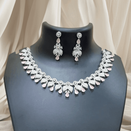Elegant and Dazzling CZ American Diamond Studded Pastel Pink Necklace Set with Earrings