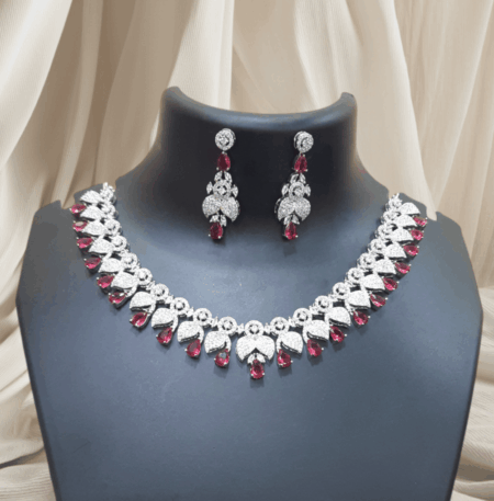 Elegant and Dazzling CZ American Diamond Studded Ruby Red Necklace Set with Earrings